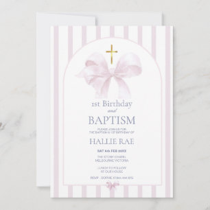 Invitation 1er Anniversaire & Baptême, Bow Rose & Stripe