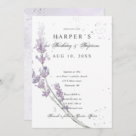 Invitation 1er anniversaire Baptême fleurs de lavande (Devant / Derrière)