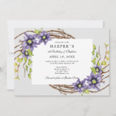 Invitation 1er anniversaire Baptême fleurs de printemps et br (Devant)