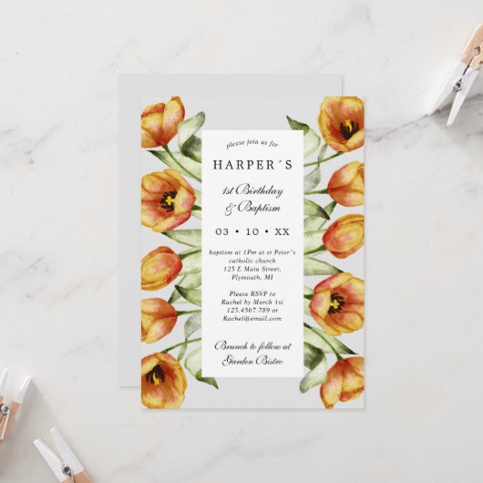 Invitation 1er Anniversaire Baptême fleurs et tulipes de prin (Devant/Arrière en situation)