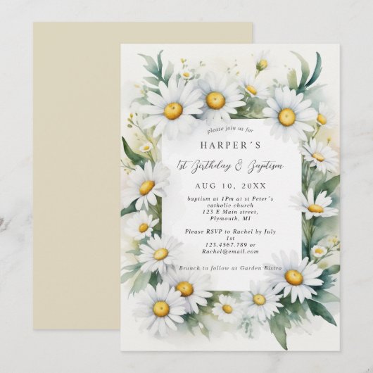 Invitation 1er anniversaire Baptême fleurs marguerites (Devant / Derrière)