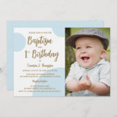 Invitation 1er Anniversaire Baptême Photo Blue Gold Custom (Devant / Derrière)