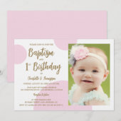 Invitation 1er Anniversaire Baptême Photo Pink Gold Custom (Devant / Derrière)