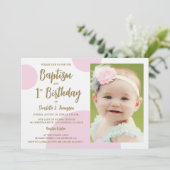 Invitation 1er Anniversaire Baptême Photo Pink Gold Custom (Debout devant)