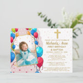 Invitation 1er Anniversaire Baptême Pink Gold Texte de la pho (Debout devant)
