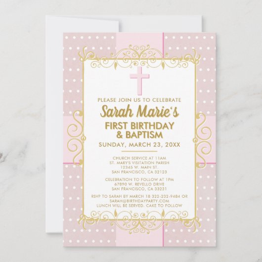 Invitation 1er Anniversaire Baptême Pink Gold Texte Pointe (Devant)
