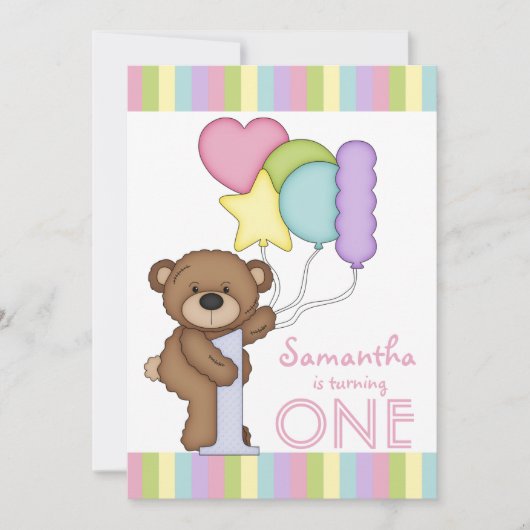 Invitation 1er anniversaire Bear Rainbow Stripes and Balloons (Devant)