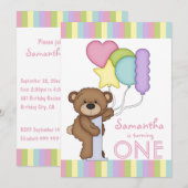 Invitation 1er anniversaire Bear Rainbow Stripes and Balloons (Devant / Derrière)