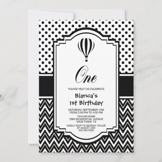 Invitation 1er anniversaire Black and White Hot Air Balloon P (Devant)