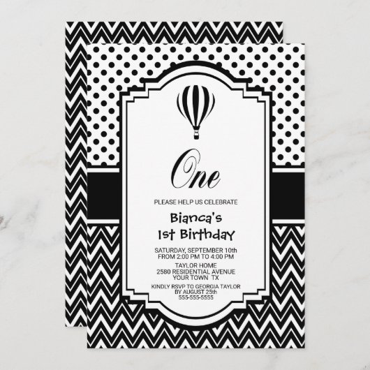 Invitation 1er anniversaire Black and White Hot Air Balloon P (Devant / Derrière)