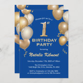 Invitation 1er Anniversaire Bleu et Or Parties scintillant Ba (Devant / Derrière)