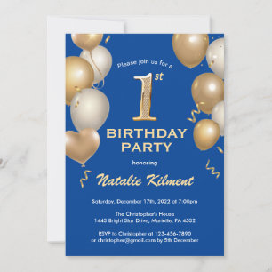 Invitation 1er Anniversaire Bleu et Or Parties scintillant Ba