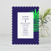 Invitation 1er Anniversaire Bleu Vert Palme Feuille Tropique  (Debout devant)