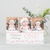 Invitation 1er Anniversaire Blush Pink Floral Photo Collage (Debout devant)