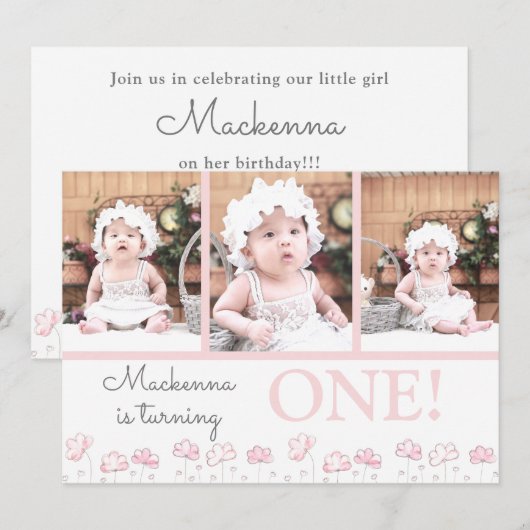 Invitation 1er Anniversaire Blush Pink Floral Photo Collage (Devant / Derrière)