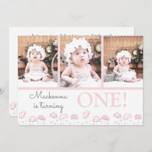 Invitation 1er Anniversaire Blush Pink Floral Photo Collage
