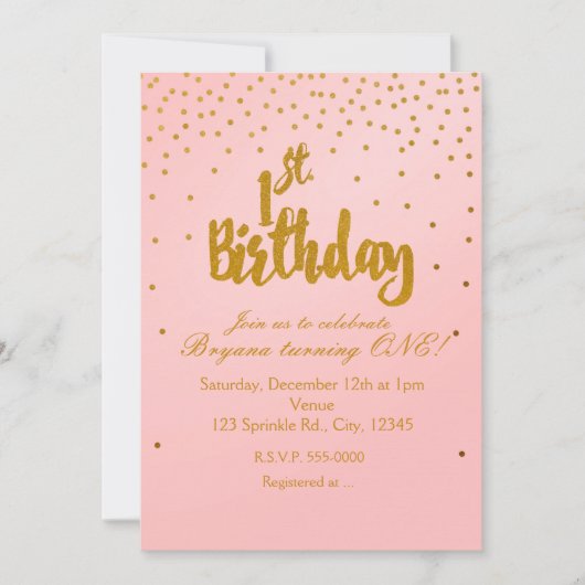 Invitation 1er Anniversaire Blush Pink & Gold Confetti Invita (Devant)