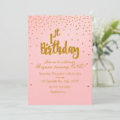 Invitation 1er Anniversaire Blush Pink & Gold Confetti Invita (Debout devant)