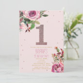 Invitation 1er anniversaire Blush Rose Rose Or Floral Moderne (Debout devant)