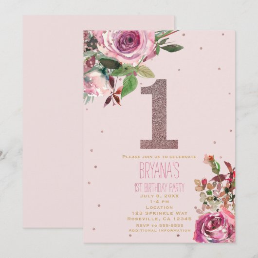 Invitation 1er anniversaire Blush Rose Rose Or Floral Moderne (Devant / Derrière)