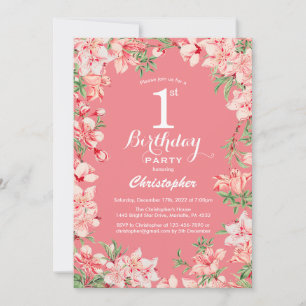 Invitation 1er Anniversaire Boho rose Fleurs florales botaniq