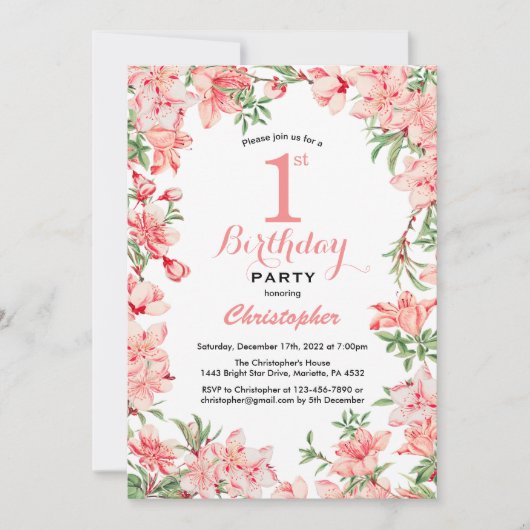 Invitation 1er Anniversaire Boho rose Fleurs florales botaniq (Devant)