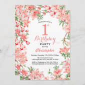 Invitation 1er Anniversaire Boho rose Fleurs florales botaniq (Devant / Derrière)