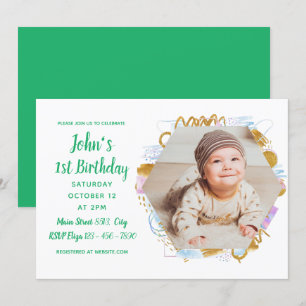 Invitation 1er anniversaire - cadre photo polygonal doré
