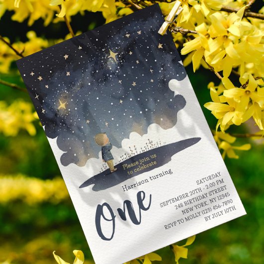 Invitation 1er Anniversaire Céleste Étoiles Aquarelle Garçon 