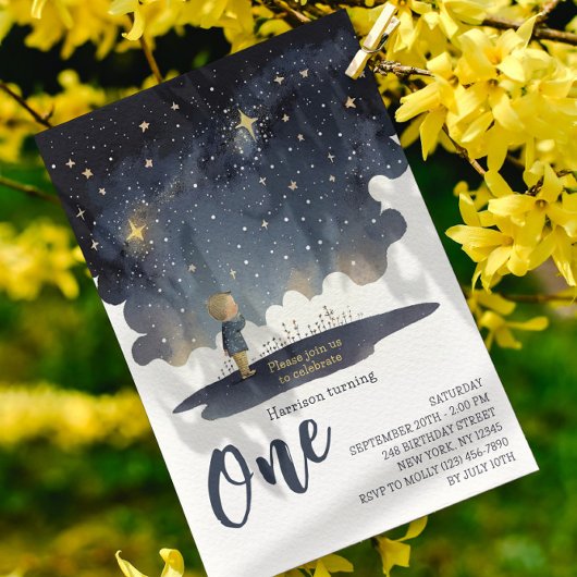 Invitation 1er Anniversaire Céleste Étoiles Aquarelle Garçon 