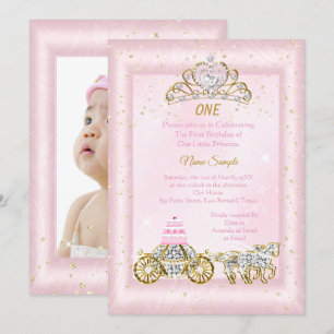 Invitation 1er anniversaire Cendrillon Carrosse Rose Pâle
