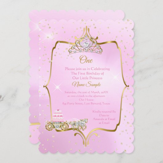 Invitation 1er anniversaire Cendrillon rose gâteau de transpo (Devant / Derrière)