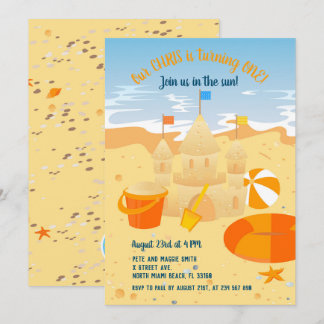 Invitation 1er anniversaire château de sable et plage fête de