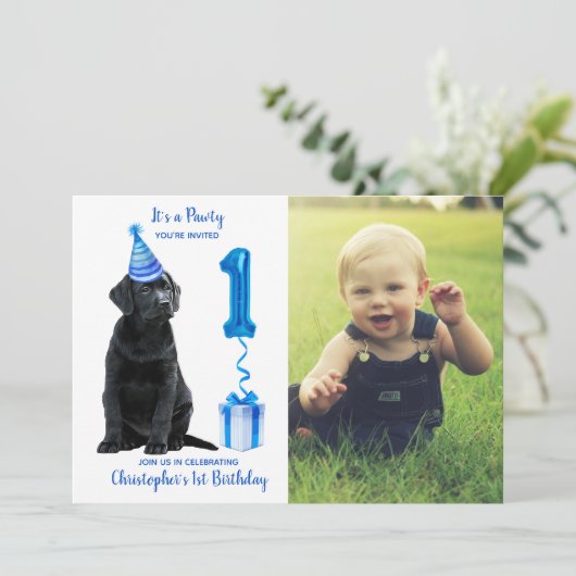 Invitation 1er Anniversaire Chiot Thème - Chien bleu mignon G (Debout devant)