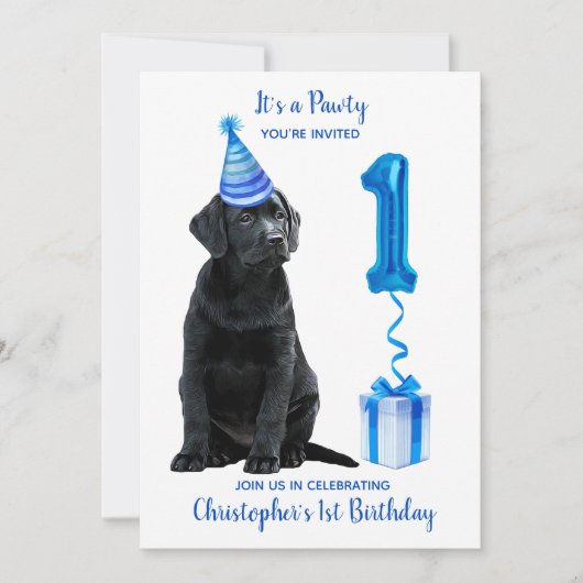 Invitation 1er Anniversaire Chiot Thème Pawty - Chien bleu mi (Devant)