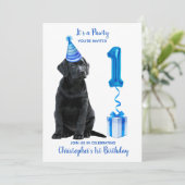 Invitation 1er Anniversaire Chiot Thème Pawty - Chien bleu mi (Debout devant)