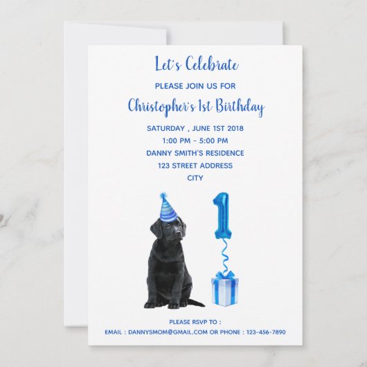 Invitation 1er Anniversaire Chiot Thème Pawty - Chien bleu mi (Dos)