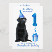 Invitation 1er Anniversaire Chiot Thème Pawty - Chien bleu mi (Devant / Derrière)