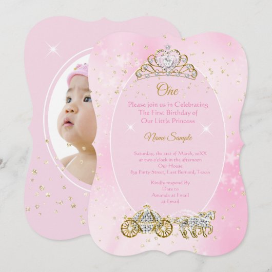 Invitation 1er anniversaire Cinderella Carrosse Rose Photo (Devant / Derrière)