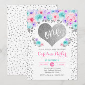 Invitation 1er anniversaire - Coeur d'argent Turquoise rose p (Devant / Derrière)