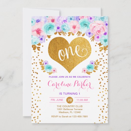 Invitation 1er anniversaire - Coeur d'or Turquoise rose pourp (Devant)