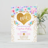 Invitation 1er anniversaire - Coeur d'or Turquoise rose pourp (Debout devant)