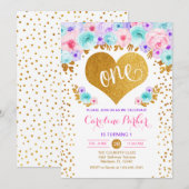 Invitation 1er anniversaire - Coeur d'or Turquoise rose pourp (Devant / Derrière)