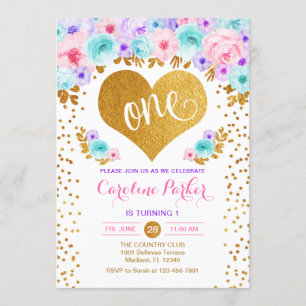 Invitation 1er anniversaire - Coeur d'or Turquoise rose pourp