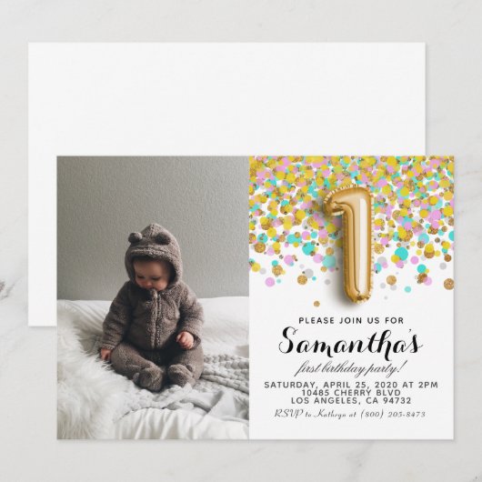 Invitation 1er anniversaire Confetti Portrait (Devant / Derrière)