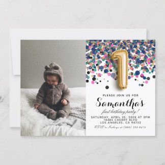 Invitation 1er anniversaire Confetti Portrait