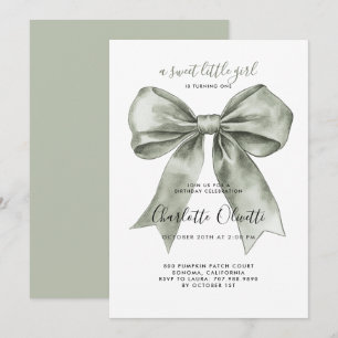 Invitation 1er Anniversaire Coquette Aquarelle Ruban Vert Sau
