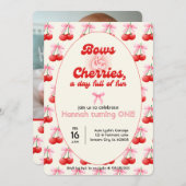 Invitation 1er Anniversaire Coquette Cerises Bows Bulles Lett (Devant / Derrière)