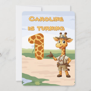 Invitation 1er anniversaire Cute Explorer Giraffe sur safari