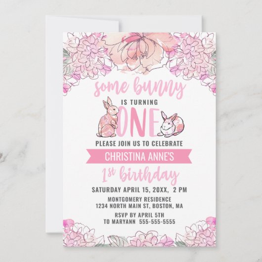 Invitation 1er Anniversaire de Bunny Pink Aquarelle Florale (Devant)